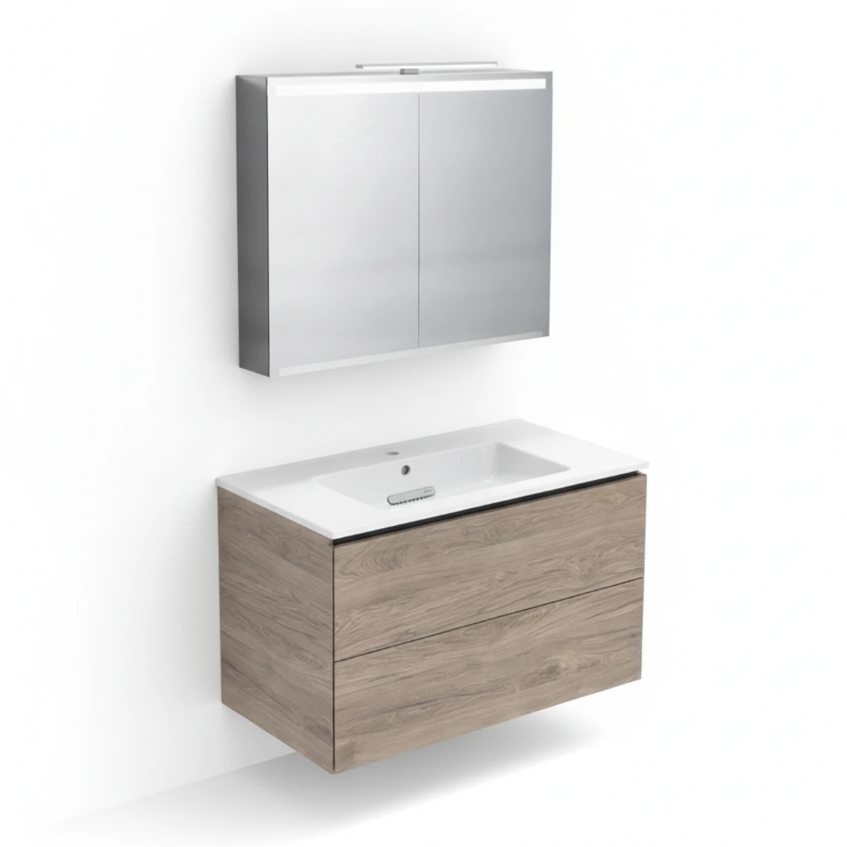 Geberit ONE 90 cm Amerikan Ceviz Çift Çekmeceli Ayna Dolaplı Banyo Dolabı Seti