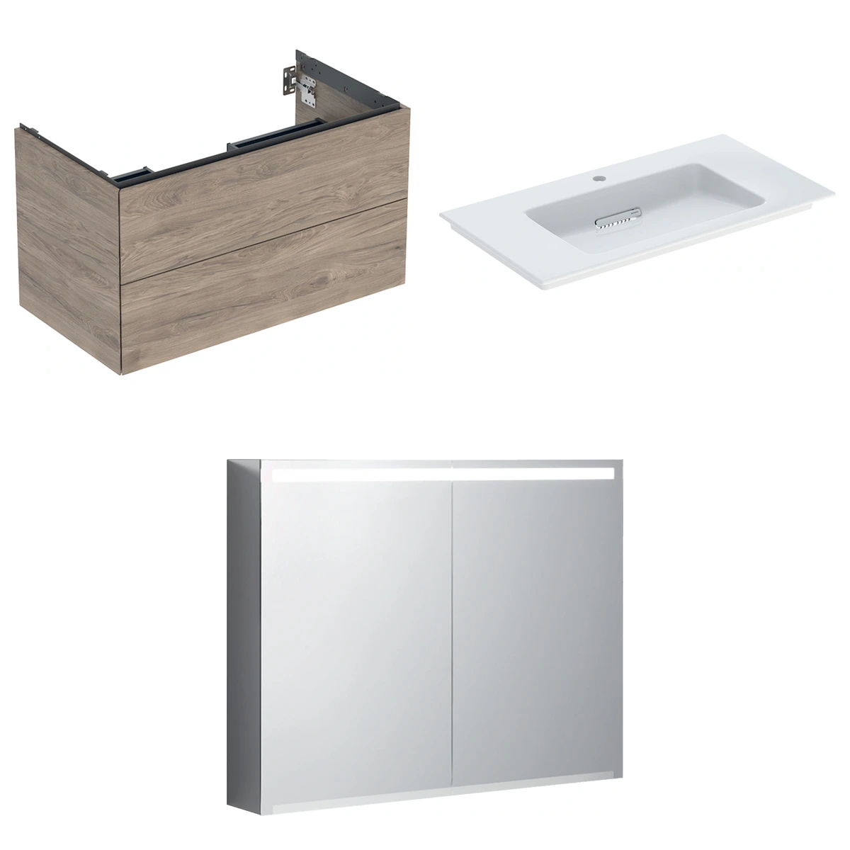 Geberit ONE 90 cm Amerikan Ceviz Çift Çekmeceli Ayna Dolaplı Banyo Dolabı Seti 2