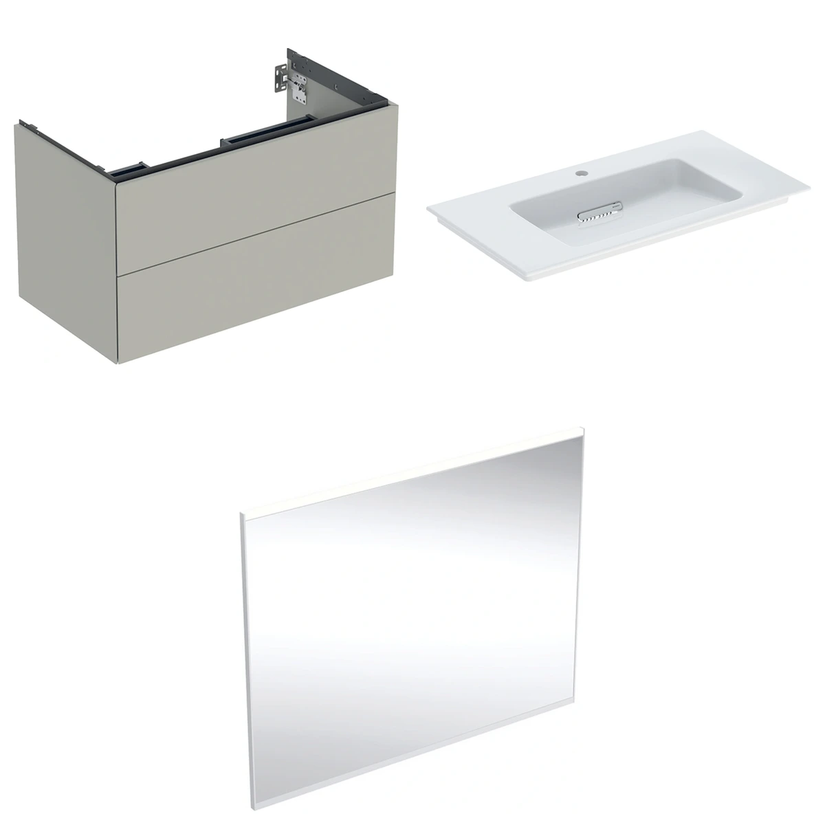 Geberit ONE 90 cm Bej Gri Çift Çekmeceli Aynalı Banyo Dolabı Seti 2