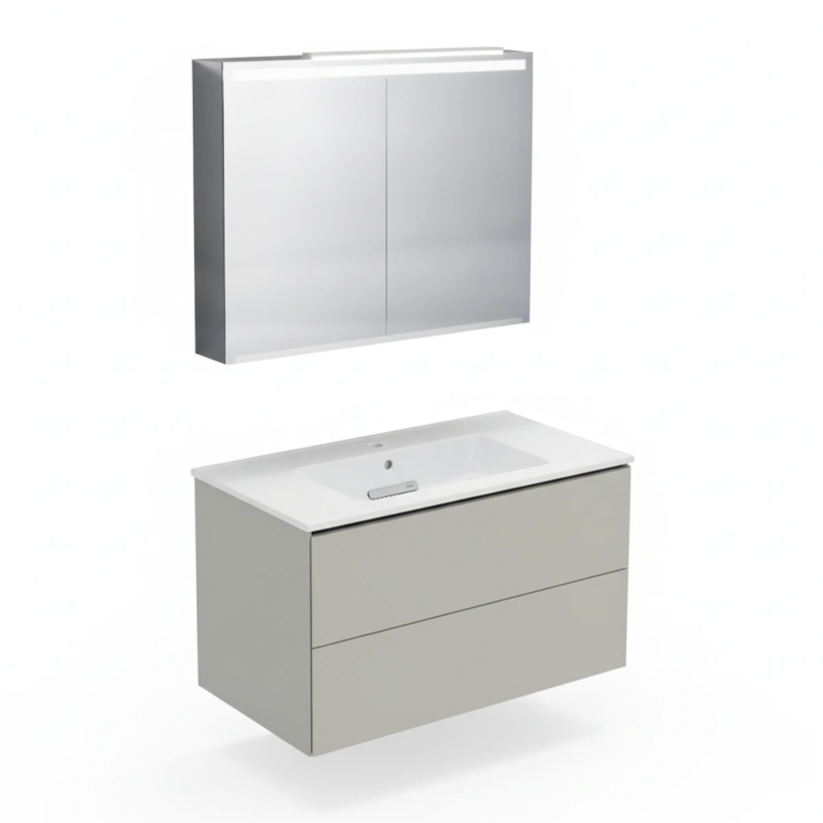 Geberit ONE 90 cm Bej Gri Çift Çekmeceli Ayna Dolaplı Banyo Dolabı Seti