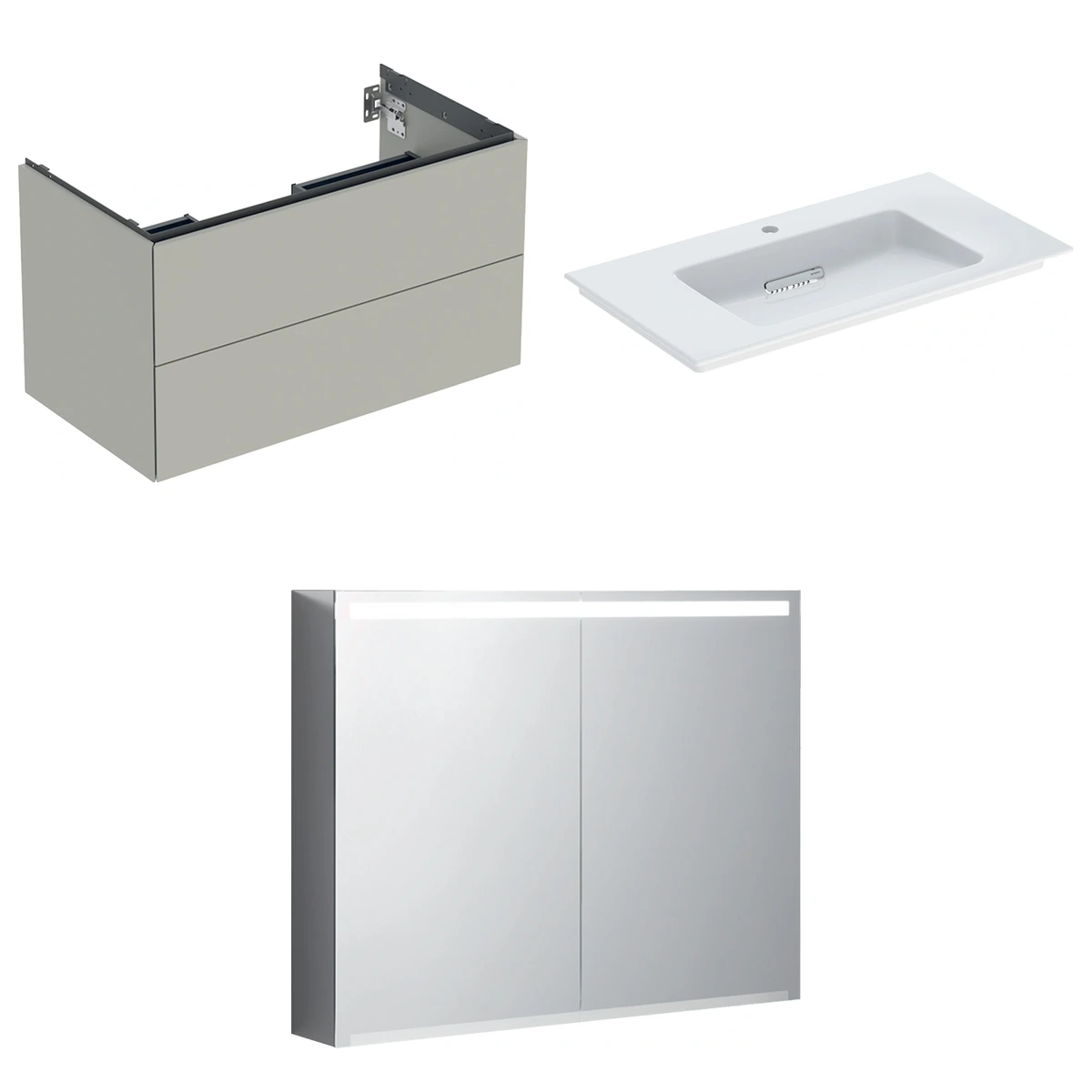 Geberit ONE 90 cm Bej Gri Çift Çekmeceli Ayna Dolaplı Banyo Dolabı Seti 2