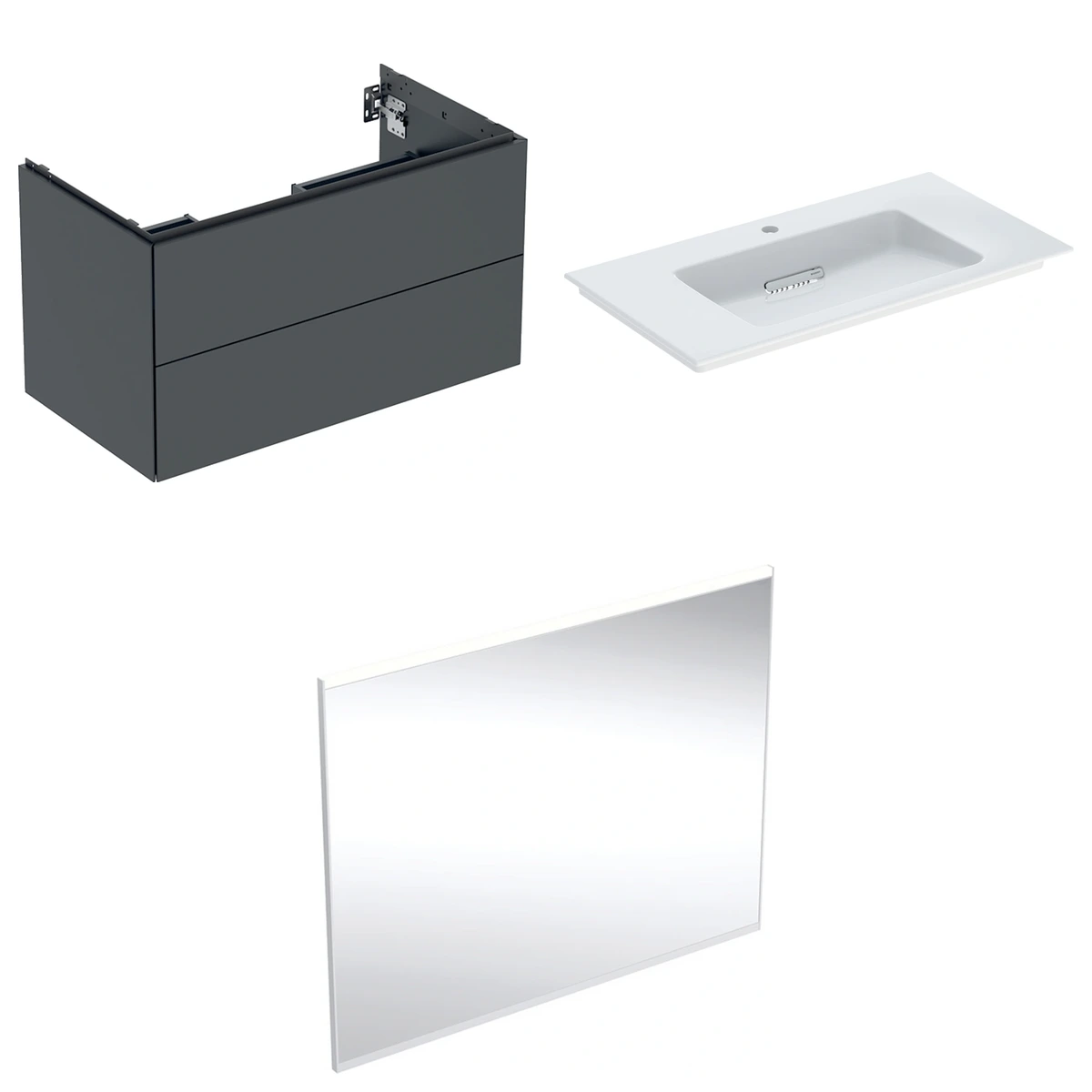 Geberit ONE 90 cm Mat Siyah Çift Çekmeceli Aynalı Banyo Dolabı Seti 2