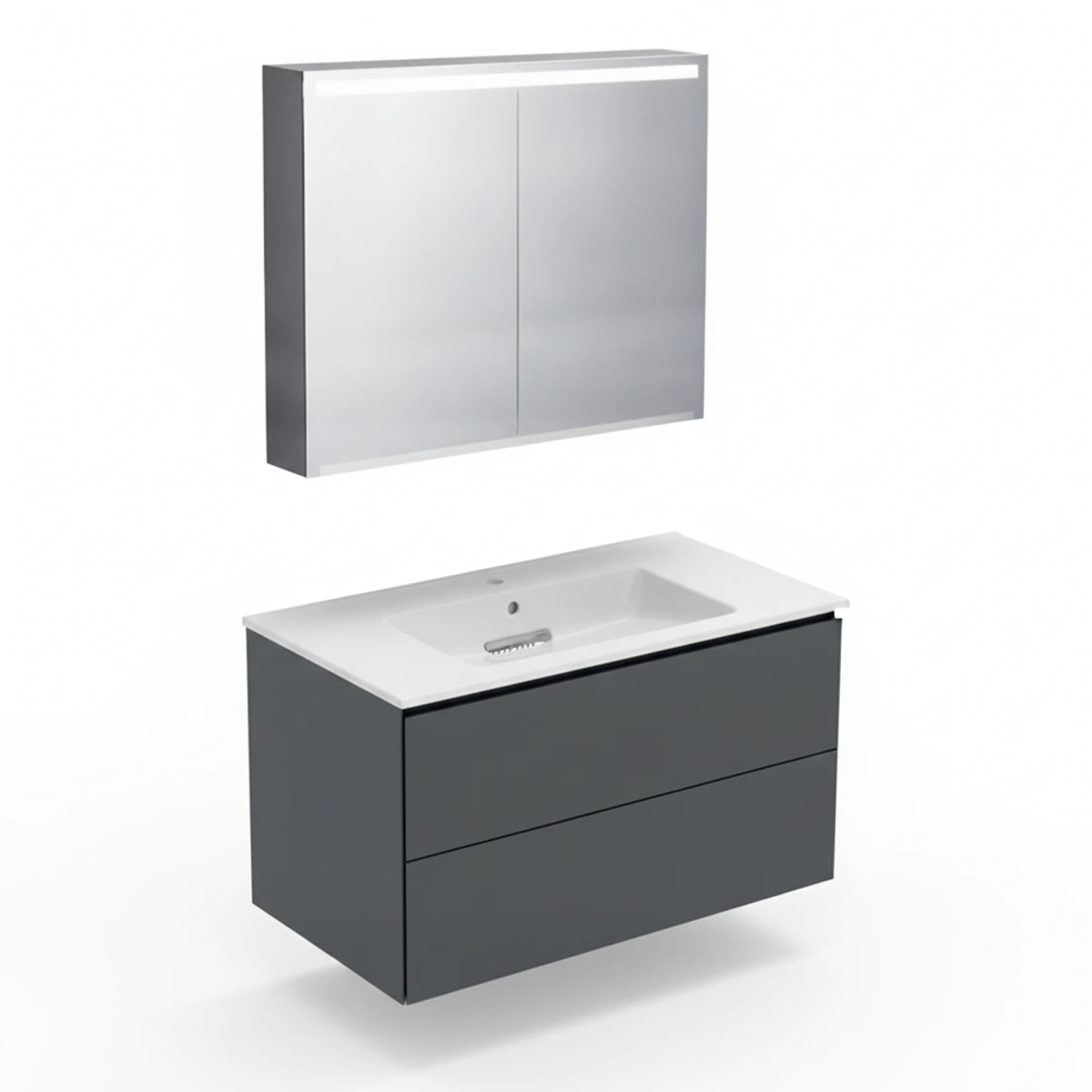 Geberit ONE 90 cm Mat Siyah Çift Çekmeceli Ayna Dolaplı Banyo Dolabı Seti