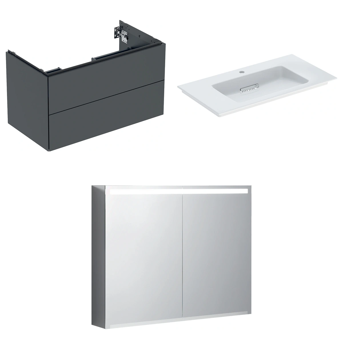 Geberit ONE 90 cm Mat Siyah Çift Çekmeceli Ayna Dolaplı Banyo Dolabı Seti 2