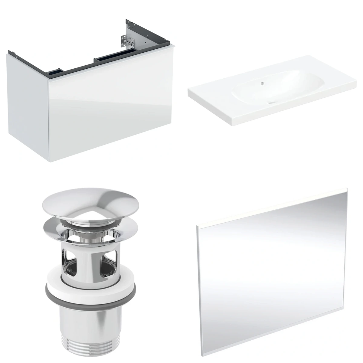 Geberit Acanto 90 cm Beyaz Cam Gizli Çekmeceli Aynalı Banyo Dolabı Seti 2