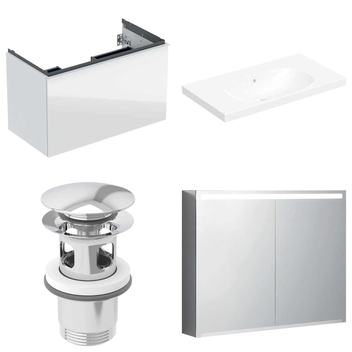 Geberit Acanto 90 cm Beyaz Cam Gizli Çekmeceli Ayna Dolaplı Banyo Dolabı Seti 2
