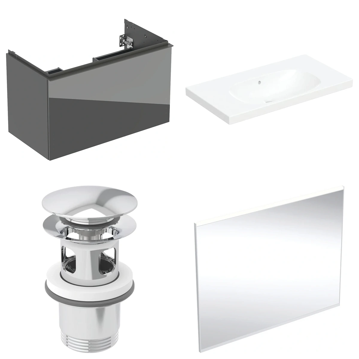Geberit Acanto 90 cm Antrasit Cam Gizli Çekmeceli Aynalı Banyo Dolabı Seti 2