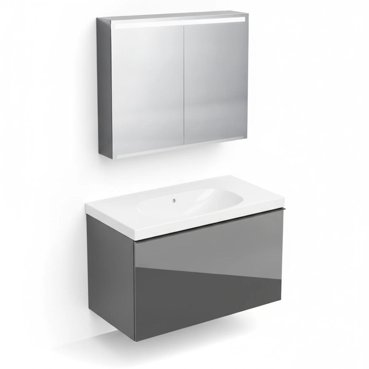 Geberit Acanto 90 cm Antrasit Cam Gizli Çekmeceli Ayna Dolaplı Banyo Dolabı Seti