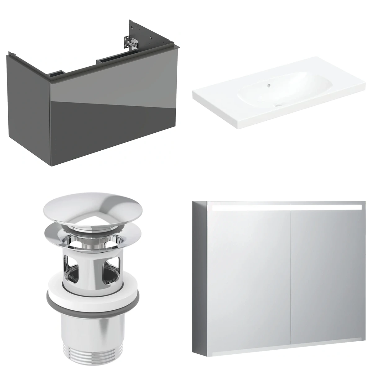 Geberit Acanto 90 cm Antrasit Cam Gizli Çekmeceli Ayna Dolaplı Banyo Dolabı Seti 2