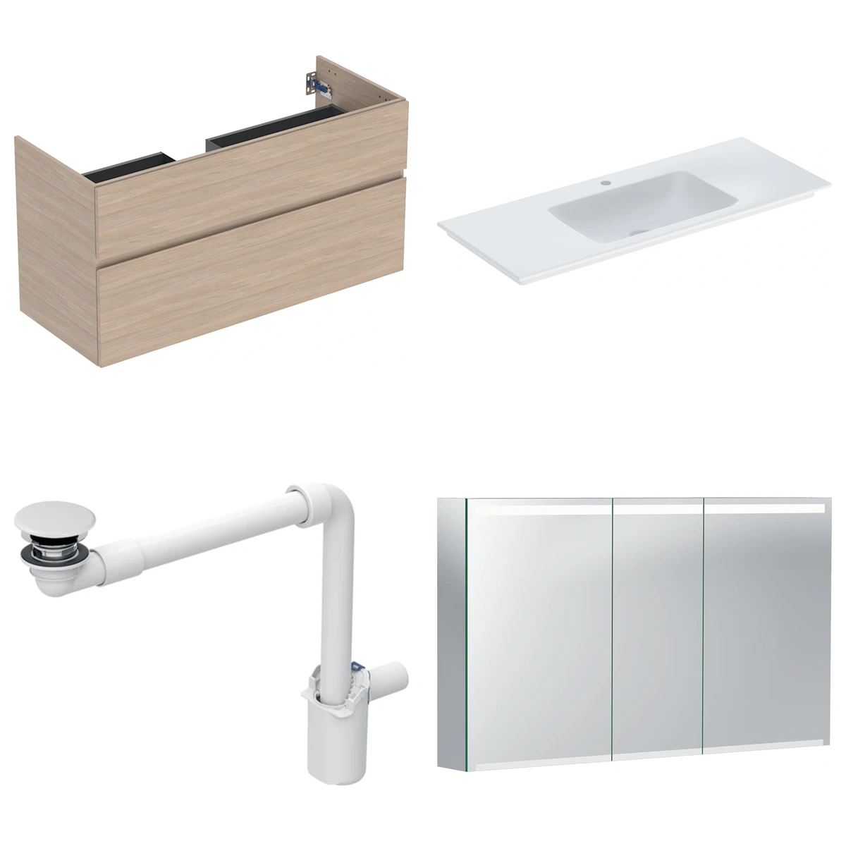 Geberit Aniara 120 cm Meşe Çift Çekmeceli Ayna Dolaplı Banyo Dolabı Seti 2