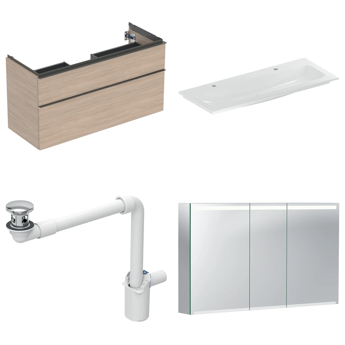 Geberit iCon 120 cm Meşe Çift Çekmeceli Ayna Dolaplı Banyo Dolabı Seti 2