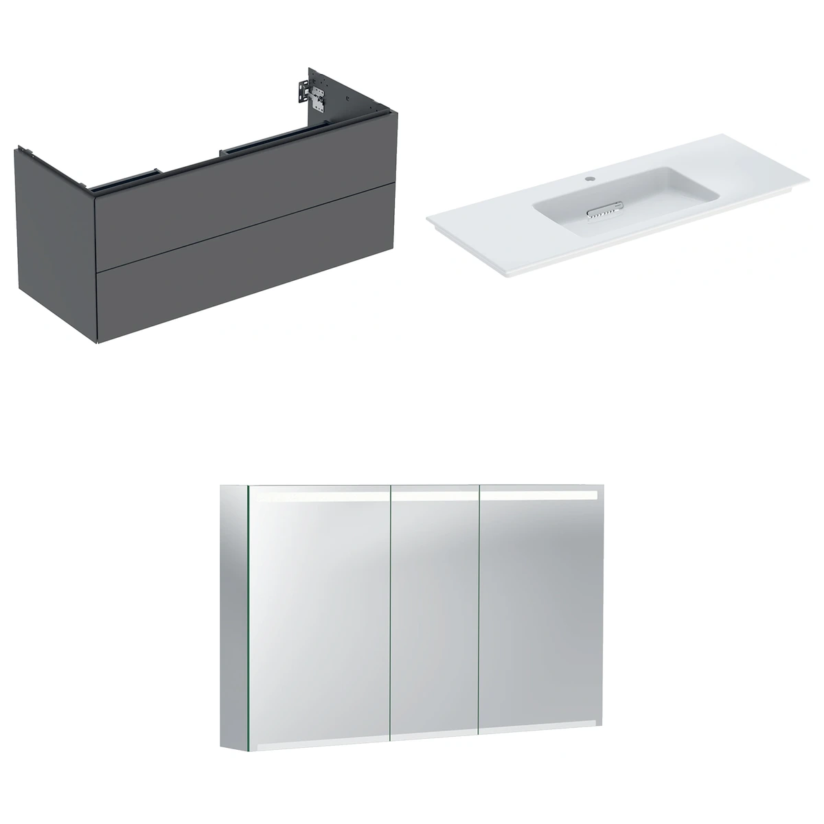 Geberit ONE 120 cm Mat Antrasit Çift Çekmeceli Ayna Dolaplı Banyo Dolabı Seti 2