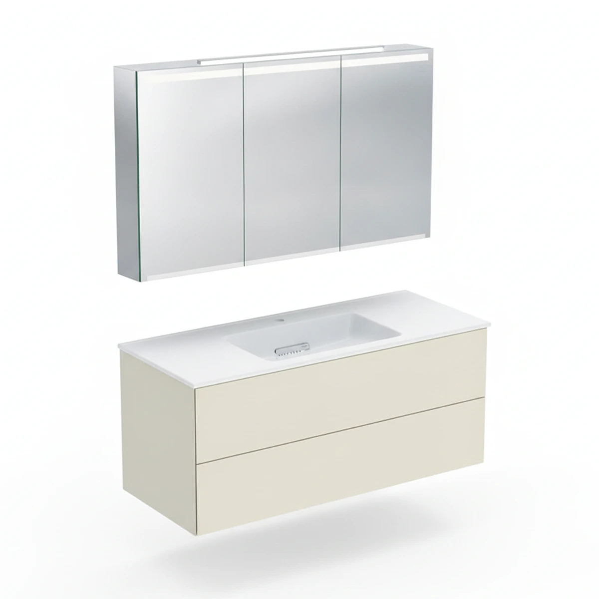 Geberit ONE 120 cm Kum Grisi Çift Çekmeceli Ayna Dolaplı Banyo Dolabı Seti