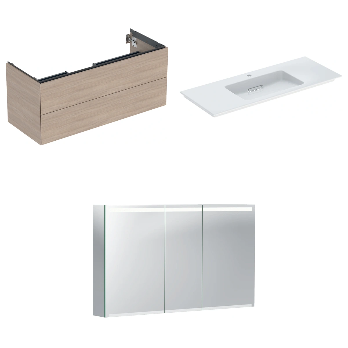 Geberit ONE 120 cm Meşe Çift Çekmeceli Ayna Dolaplı Banyo Dolabı Seti 2