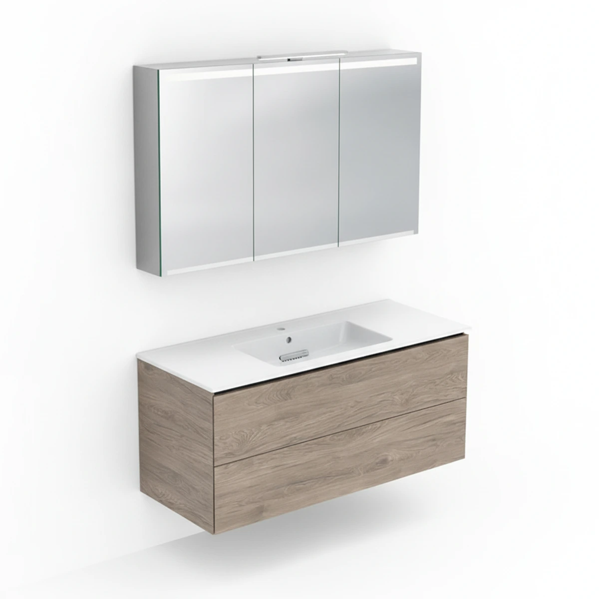 Geberit ONE 120 cm Amerikan Ceviz Çift Çekmeceli Ayna Dolaplı Banyo Dolabı Seti