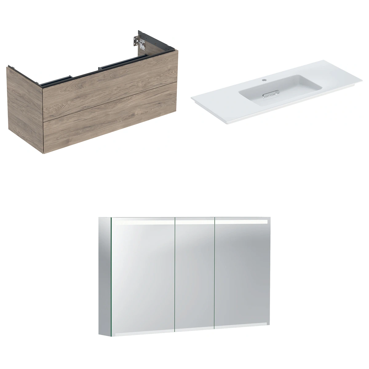 Geberit ONE 120 cm Amerikan Ceviz Çift Çekmeceli Ayna Dolaplı Banyo Dolabı Seti 2