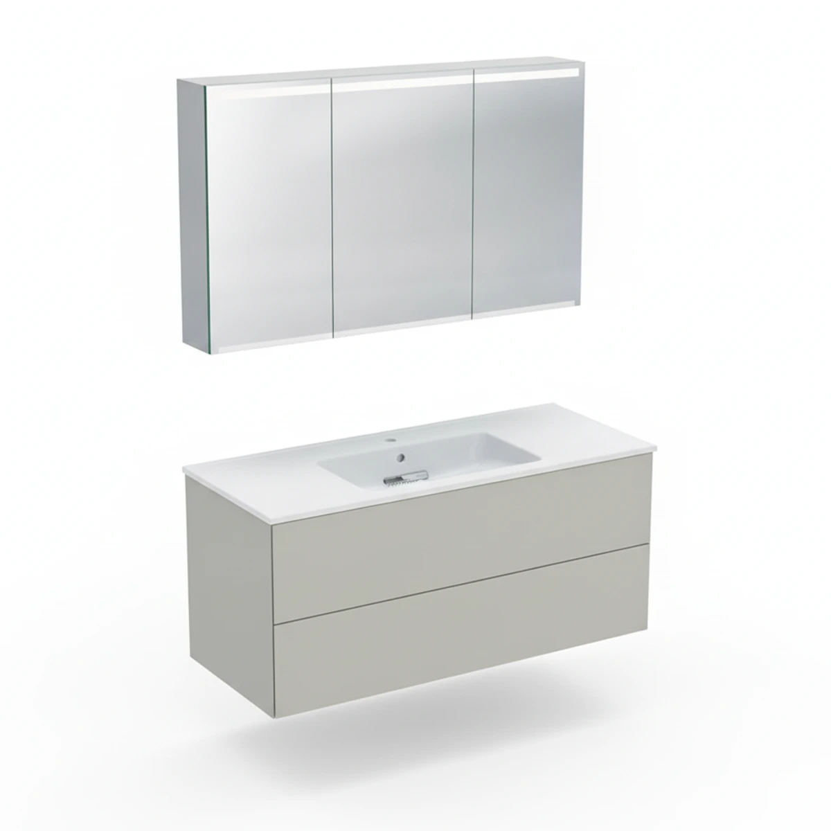 Geberit ONE 120 cm Bej Gri Çift Çekmeceli Ayna Dolaplı Banyo Dolabı Seti
