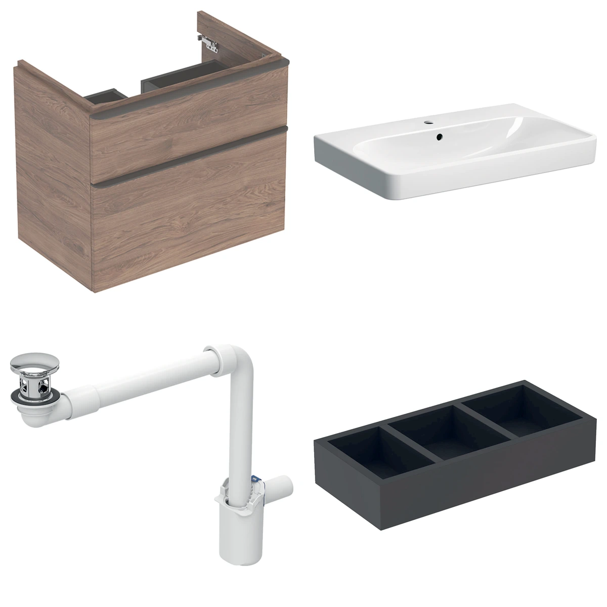 Geberit Smyle 75 cm Amerikan Ceviz Delikli Banyo Dolabı Seti 2