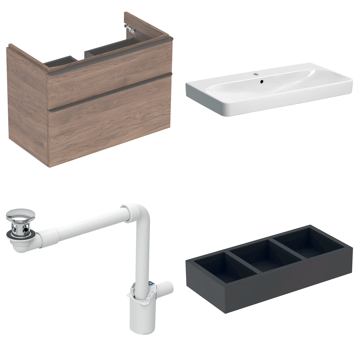 Geberit Smyle 90 cm Amerikan Ceviz Delikli Banyo Dolabı Seti 2