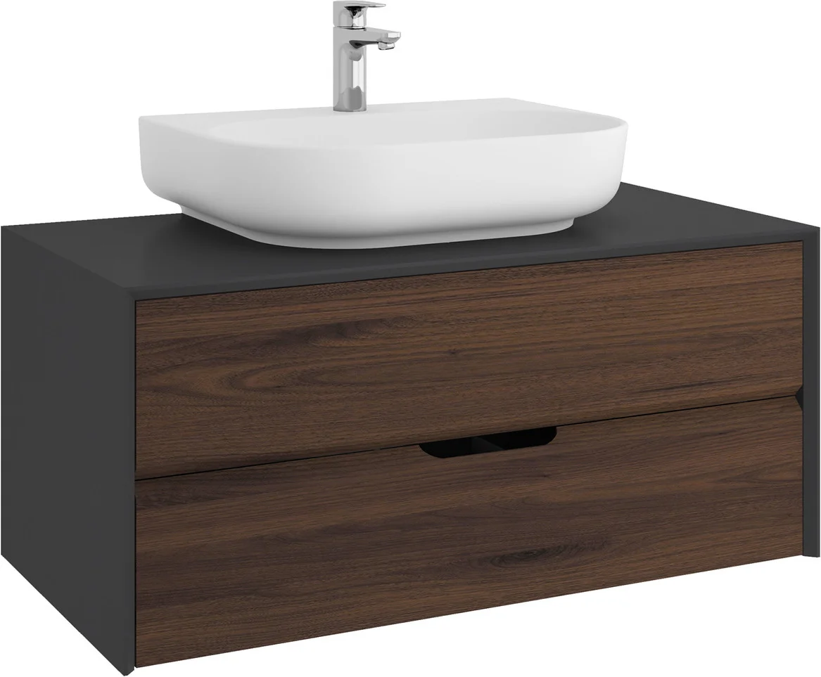 Kale Zero 2.0 100 Cm Antrasit-Ceviz Mat Beyaz Oval Lavabolu Banyo Dolabı