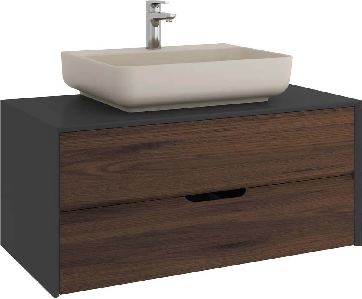 Kale Zero 2.0 100 Cm Antrasit-Ceviz Mat Vizon Dikdörtgen Lavabolu Banyo Dolabı