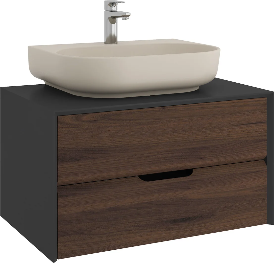 Kale Zero 2.0 80 Cm Antrasit-Ceviz Mat Vizon Oval Lavabolu Banyo Dolabı