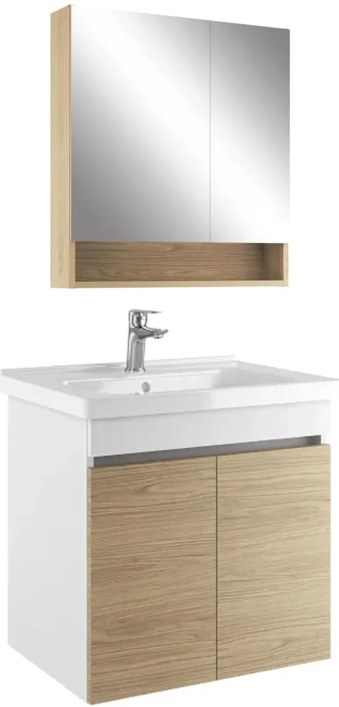 Kale Optimum+ 65 Cm Beyaz-Meşe Raflı Ayna Dolaplı Banyo Dolabı Takımı