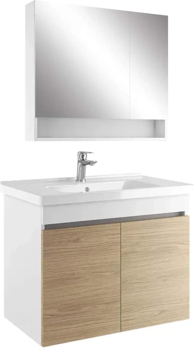 Kale Optimum+ 80 Cm Beyaz-Meşe Raflı Ayna Dolaplı Banyo Dolabı Takımı