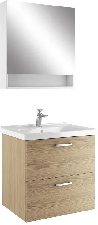 Kale Noa+ 65 Cm Meşe Çift Çekmeceli Raflı Ayna Dolaplı Banyo Dolabı Takımı