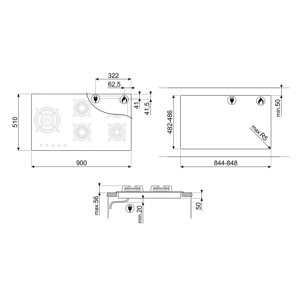 Smeg Classica 90 cm Siyah Cam 5 Gözlü Gazlı Ocak 2