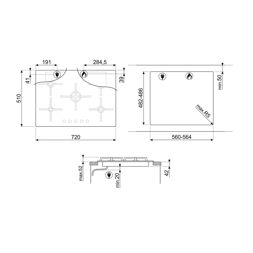 Smeg Classica 72 cm Siyah Cam 5 Gözlü Gazlı Ocak 2