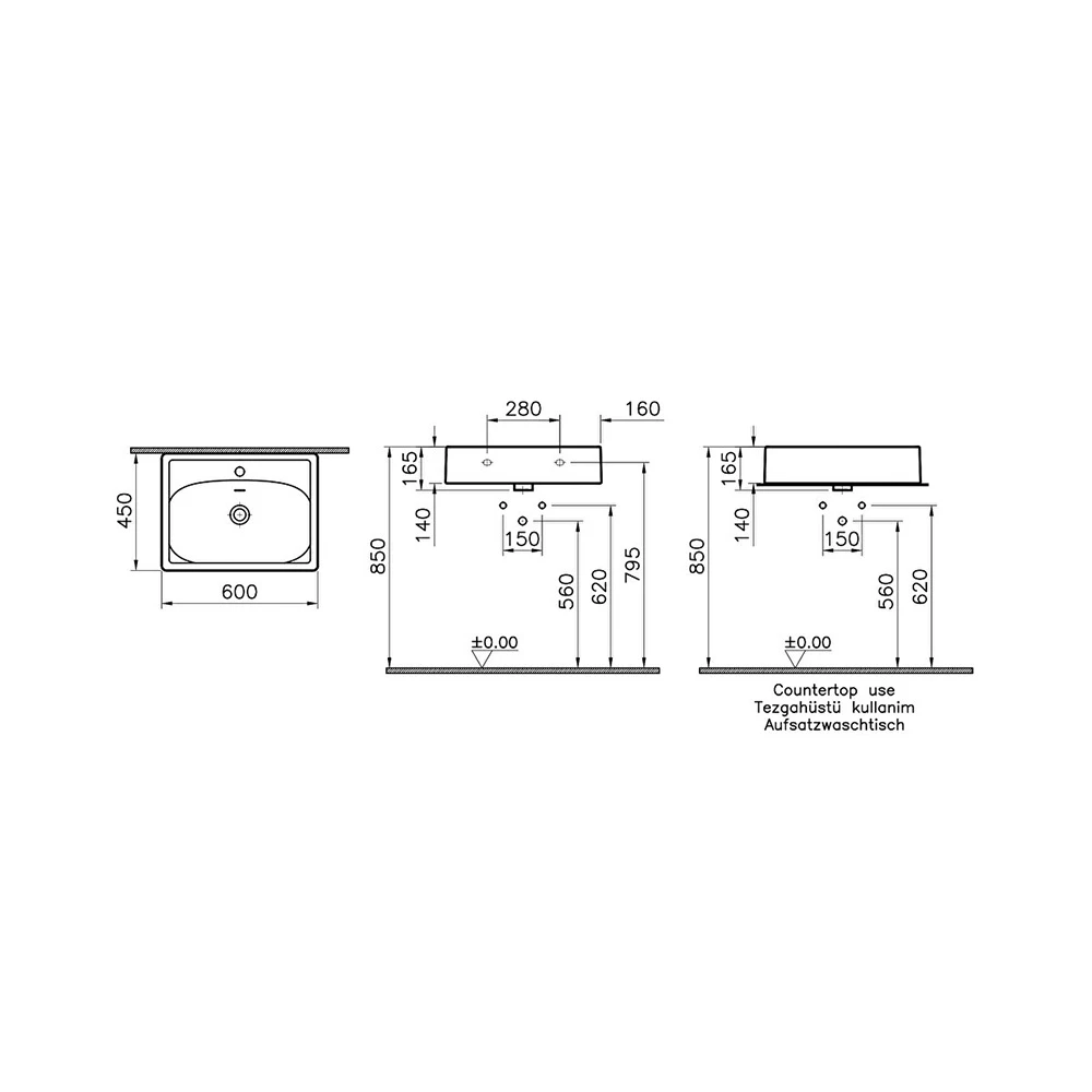 Vitra Equal 60x45 Cm Dikdörtgen Mat Taş Gri Çanak Lavabo 7241B476-0631 2