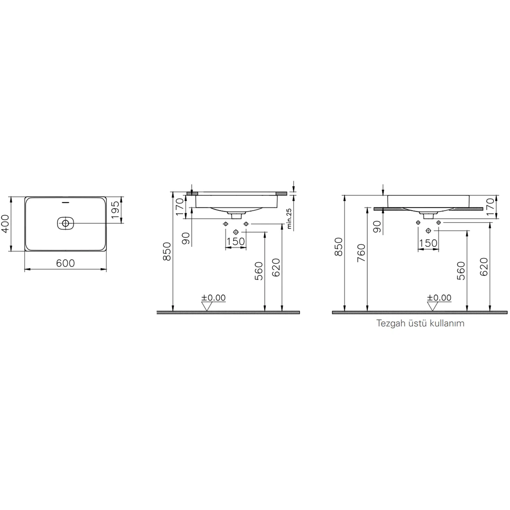 Vitra Metropole 60x40 Cm Mat Beyaz Tezgahaltı Lavabo - 7535B401-1083 2
