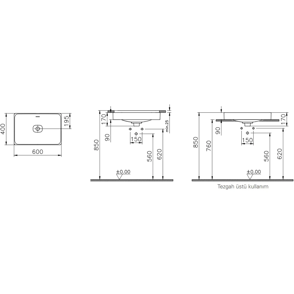 Vitra Metropole 60x40 Cm Mat Beyaz Tezgahaltı Lavabo - 7535B401-7216 2