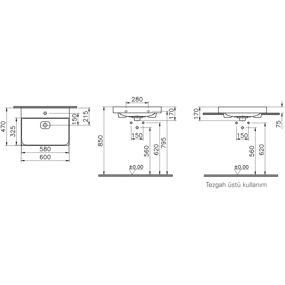 Vitra Metropole 60x47 Cm Mat Taş Gri Çanak Lavabo - 7526B476-7211