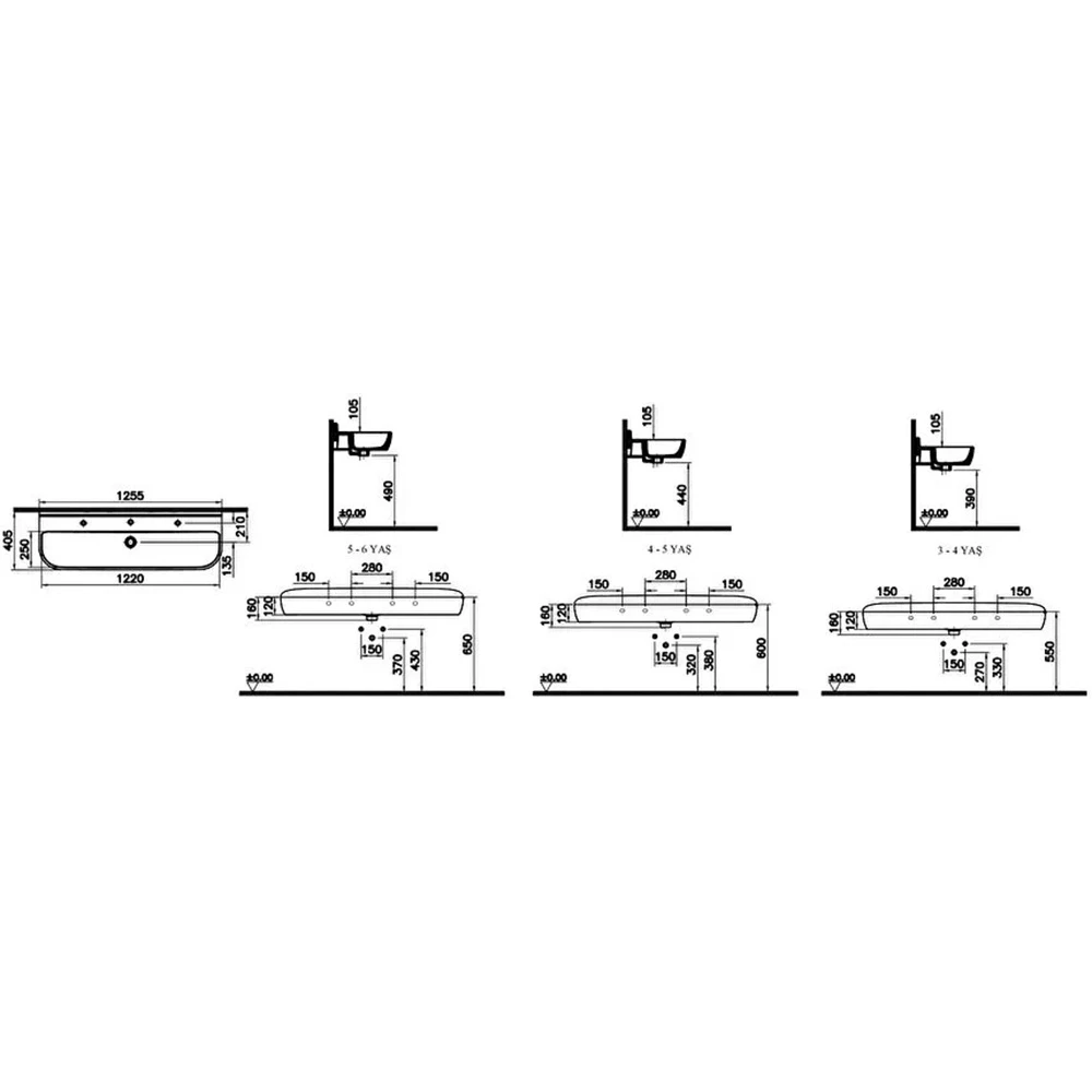 Vitra Sento Kids 125x40 Cm 3 Delikli Lavabo 7353B003-1742 3