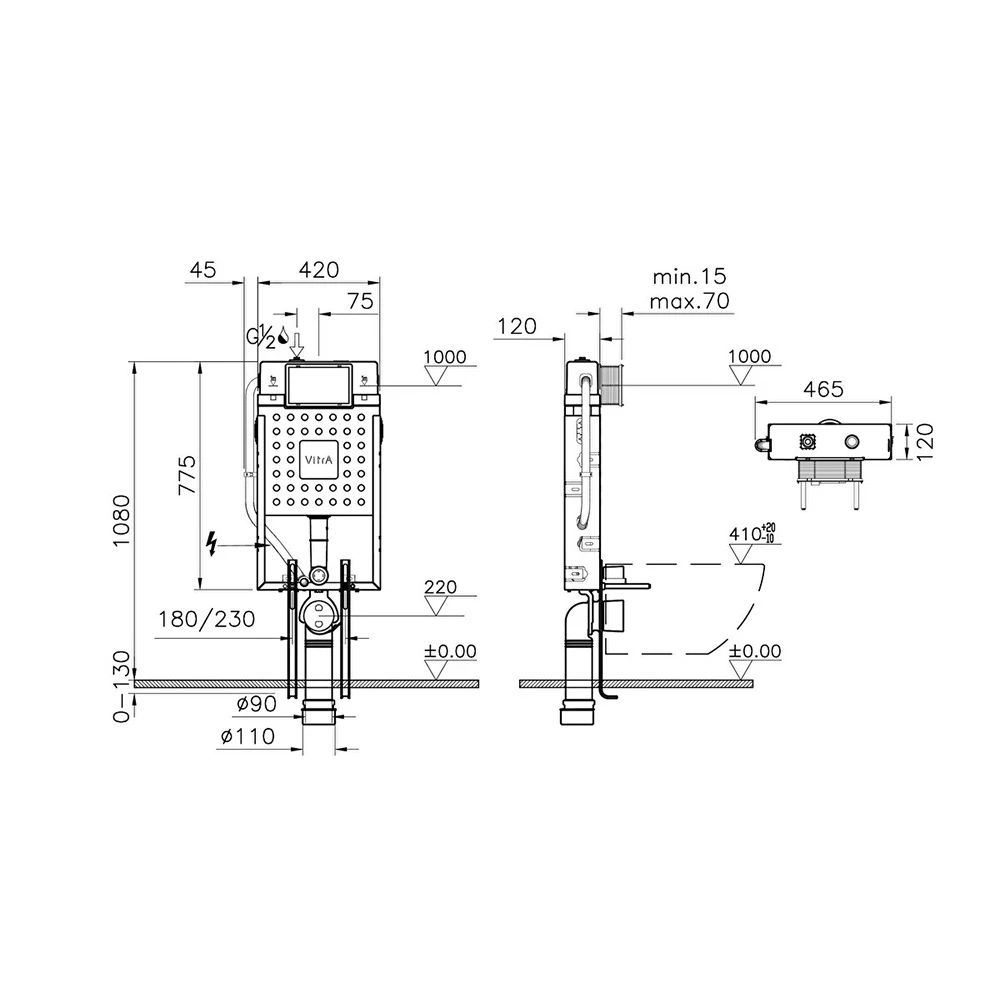 Vitra V12 3/6 L Asma Klozetler İçin Ayarlanabilir İnce Metal Ayaklı Gömme Rezervuar 762-1851-01 2