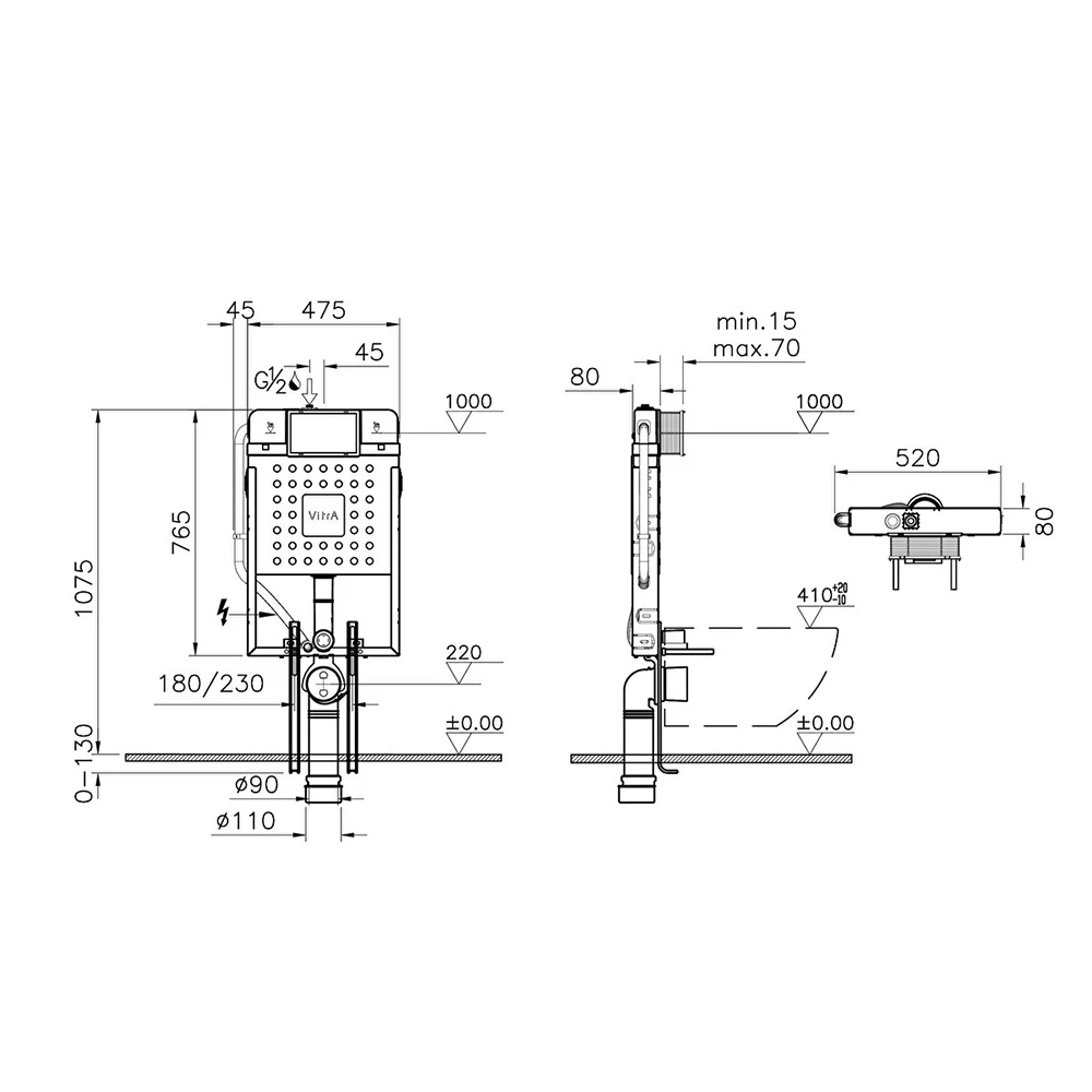 Vitra V8 2,5/4 L Asma Klozetler İçin Ayarlanabilir İnce Metal Ayaklı Gömme Rezervuar 768-1851-02 2